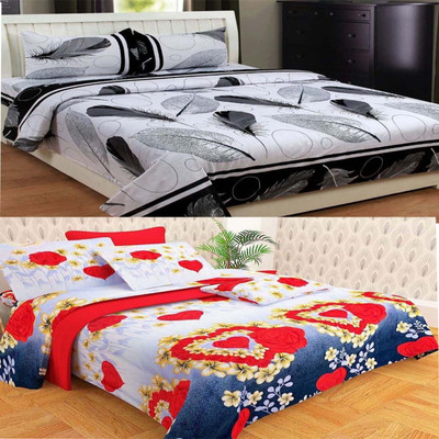 Twinkle Star's 140 TC Polyester Double Printed Flat Bedsheet(Pack of 2, White,Red)
