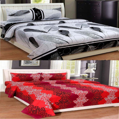 Twinkle Star's 140 TC Polyester Double Printed Flat Bedsheet(Pack of 2, White, Red)