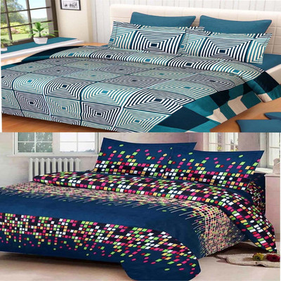 Twinkle Star's 140 TC Polyester Double Printed Flat Bedsheet(Pack of 2, Blue)