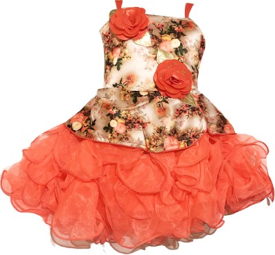 any time fashion Girls Midi/Knee Length Party Dress(Orange, Sleeveless)