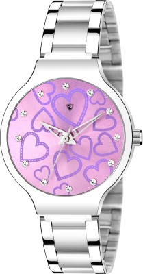 EDINARO ED-2048W Heart Pattern Stone Studded Purple Dial With Metallic Silver Bracelet Strap Analog Watch  - For Women