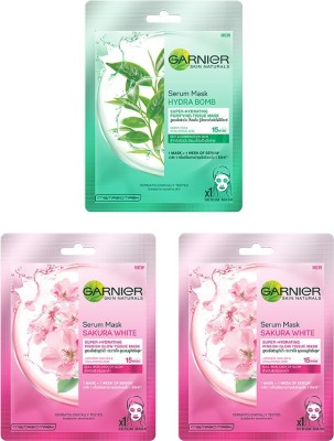 Garnier Skin Naturals Sheet Mask Pack of 3 (2 Sakura White + 1 Green Tea)  (3 Items in the set)