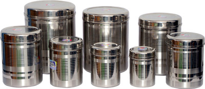 Tactware Steel Grocery Container  - 2.5 L, 2.1 L, 1.5 L, 1 L, 0.85 L, 0.65 L, 0.45 L, 0.25 L(Pack of 8, Silver)