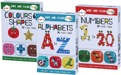 Kyds Play Combo - Alphabets + Numbers + Colours & Shapes, Wipe & Clean Activity Flash Cards(White)
