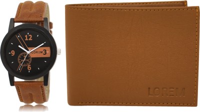 LOREM WL02-LR01 Combo Of Tan Color Artificial Leather Wallet & Analog Watch  - For Men