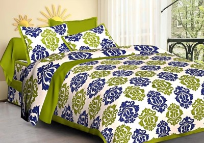Rajasthani Jaipuri Traditional Print 144 TC Cotton Double Floral Flat Bedsheet(Pack of 1, Green, Blue)