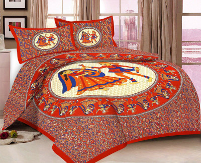 Chacha Chachi Gift Store 150 TC Polyester Double Jaipuri Prints Flat Bedsheet(Pack of 1, Red)