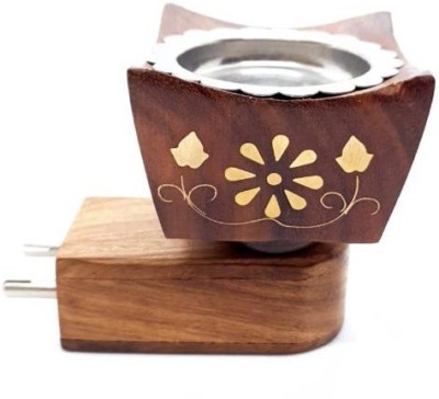 MDTL Mayukh Electric Wooden Plug Sheesham Wooden Carving Brass Inlay Work Aroma Oil Diffuser for Fragrance Direct Plug-in Incense Burner/Kapoor Dani, Sturdy Plug for Better Support Wooden, Brass Incense Holder(Brown, Gold)