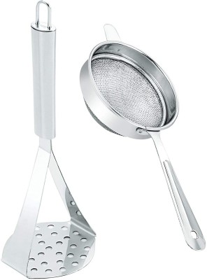 AXOLOTL Stainless Steel Potato Masher & Double Net Tea Sieve Combo Kitchen Tool Set(Silver, Masher, Strainer)