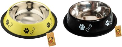 Foodie Puppies Round Steel Pet Bowl(700 ml Black, Yellow)