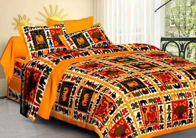 PVB 150 TC Cotton, Viscose Double Jaipuri Prints Flat Bedsheet(Pack of 1, Yellow)