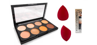 Miss Hot Highlighter and Contour 8 Shades Concealer Palette With Highlighter and Contour Stick Highlighter (cream) And 2 Pcs Makeup beauty Blender(4 Items in the set)