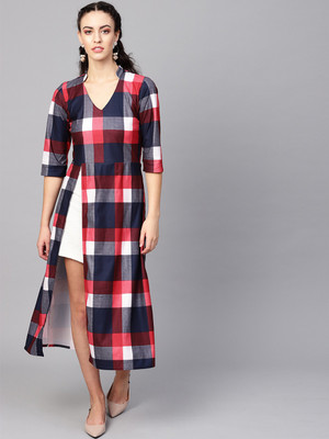 Vemante Women Fit and Flare Dark Blue, Red Dress