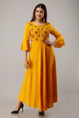 FrionKandy Women Embroidered Flared Kurta(Yellow)