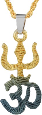 RN Gold Covered Brass Dual Colour Tone, Lord Mahadeva Symbol, Trishul with Om, Shiva Bholenath Jewellery Pendant Necklace Chain for Men and women Gold-plated Brass Pendant