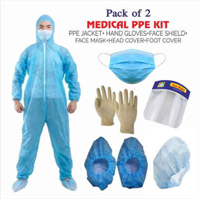 AKS MEDICAL PPE KIT(PPE JACKET+ HAND GLOVES+FACE SHIELD+FACE MASK+HEAD COVER) (PACK OF 2) Safety Jacket(BLUE/WHITE (PACK OF 2)) AKS MEDICAL PPE KIT(PPE JACKET+ HAND GLOVES+FACE SHIELD+FACE MASK+HEAD COVER) (PACK OF 2) Safety Jacket(BLUE/WHITE (PACK OF 2))