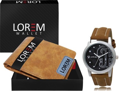 LOREM Combo Of Beige Color Artificial Leather Wallet & Analog Watch  - For Men