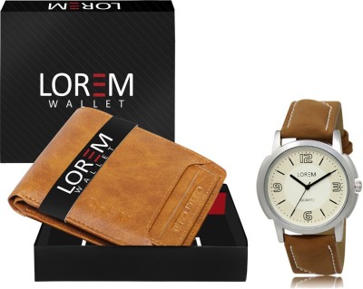 LOREM Combo Of Beige Color Artificial Leather Wallet & Analog Watch  - For Men