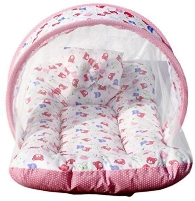 WONDERLAND New Born baby bedding set with protective mosquito net, cute pillow and folding Pure Cotton mattress Convertible Standard(Fabric, Multicolor)