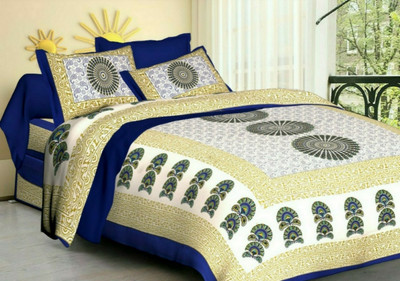 tripati sanganeri prints 104 TC Cotton Double Jaipuri Prints Flat Bedsheet(Pack of 1, Blue)