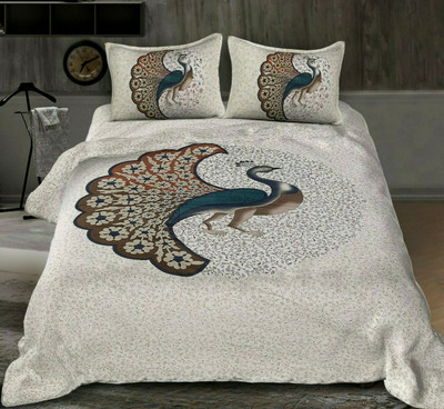 MISHTI CREATION 228 TC Cotton Double Jaipuri Prints Flat Bedsheet(Pack of 1, BLUE GOLDEN)