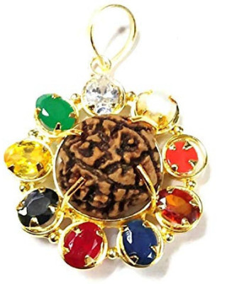 bhaune acessories Navratna Navgraha Pendant/Locke With 5 Mukhi Rrudraksha for Men and Women Gold-plated Brass Locket Brass