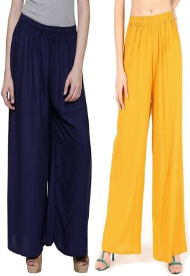 Style Access Flared Women Dark Blue, Yellow Trousers