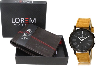 LOREM Combo Of Black Color Artificial Leather Wallet & Analog Watch  - For Men