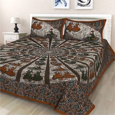 DHAKAD 104 TC Cotton Double Jaipuri Prints Flat Bedsheet(Pack of 1, Brown)