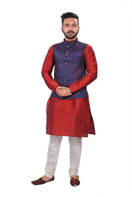 HUZUR Men Kurta Churidar Ethnic Jacket Set