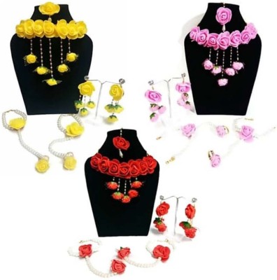 Riya Handcraftejewelry Fabric, Dori, Plastic Red, Yellow, Pink Jewellery Set(Pack of 1)