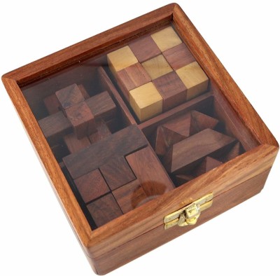 STUFFCOLLECTION Wooden Puzzle Gift Set Wood Box Games Set 3D Puzzles for Teens & Adults 4 in One Decorative Showpiece  -  8 cm(Wood, Brown)