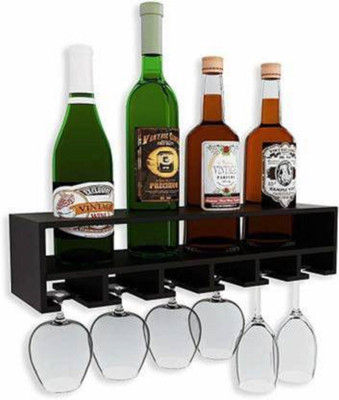 Hubwooden BEST Wine Bottle Holder Wine Rack With Wine Glass Holder Wall Mounted Wooden Wall Shelf(Number of Shelves - 3, Black)