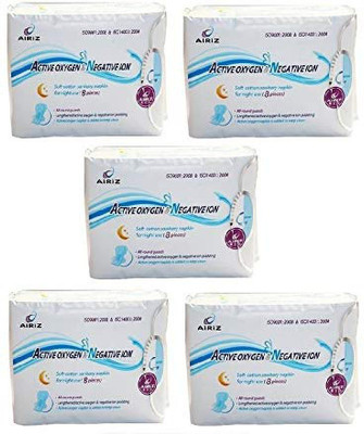 AIRIZ ACTIVE OXYGEN & NEGATIVE ION RELAX SOFT COTTON SANITARY NAPKIN FOR Night USE -(40 Pads in 5 Pack) Sanitary Napkin/Pad Sanitary Pad(Pack of 40)