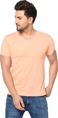 Bribzy Solid Men V Neck Beige T-Shirt