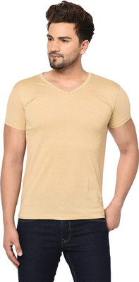 Jaskart Solid Men V Neck Beige T-Shirt