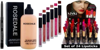 ROSEDALE Smudge Proof HDA20 Essential Makeup Insta Colossal Kohl Kajal & Professional Complexion Fit Face & Body Foundation & The Intense Megalasts Edition Set of 6 Liquid Matte Lipstick & NYN 24 Moisturising Matte Lipstick(32 Items in the set)