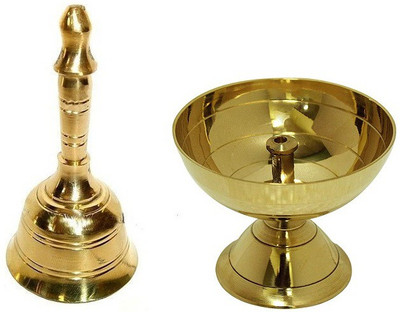 Utkarsh Combo Of Classic Round Pure Brass Paro Pyali Table Diya Designed Deepak With Brass Round Head Pooja Puja Bell Ghanti Brass(Multicolor)