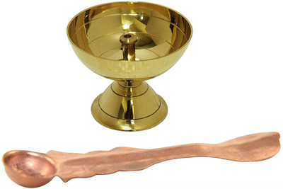 Stylewell Combo Of 2 Pcs Copper Panch Patra Spoon for Poojan Purpose With Classic Round Paro Pyali Diya (No 1) For Worship/Spirtual/Religion Brass(2 Pieces, Gold)