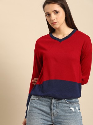 Dressberry Solid V Neck Casual Women Red Sweater