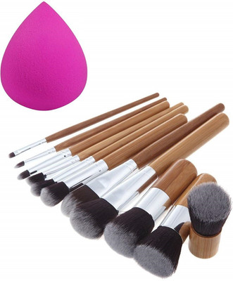 SKINPLUS 11 PCs Natural Bamboo Makeup Brush + 1 PC Sponge Puff with Storage Pouch(12 Items in the set)