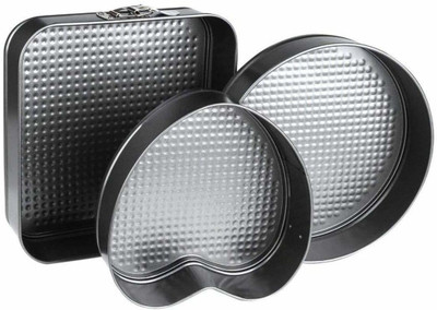 Drunna Non Stick Aluminum Coated Heart Round and Square Multi Shape Spring Form Baking Cake Mould Pan Tray Set of 3 Black Aluminium Cake Mould 3(Pack of 3)