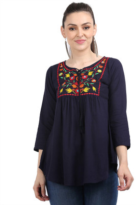KARTX Casual 3/4 Sleeve Embroidered Women Dark Blue Top