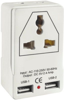 Protos India.Net Hilex Dual 2 USB Travel Charger - 3 Pin & 2 Pin Universal Socket 2.4Amp 5V Worldwide Adaptor Adapter Worldwide Adaptor(White)