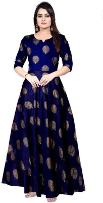 The Fam Studio Women A-line Dark Blue, Gold Dress