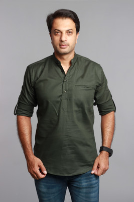 Tap in Men Solid Straight Kurta(Green)