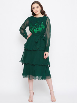 BITTERLIME Women Fit and Flare Dark Green Above Knee/Mid Thigh Length Dress