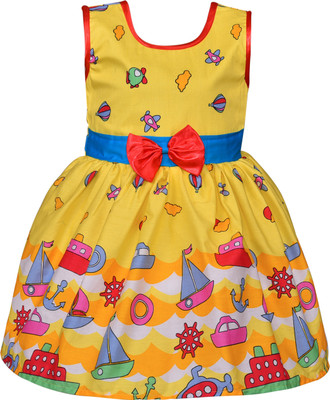 Wishkaro Girls Midi/Knee Length Casual Dress(Yellow, Sleeveless)
