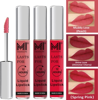 MI FASHION Go Local Go Vocal Matte Liquid Lipstick Combo Set Made in India Long Lasting Cruelty Free Code no 613(Peach,Cherry Red,Pink, 9 ml)
