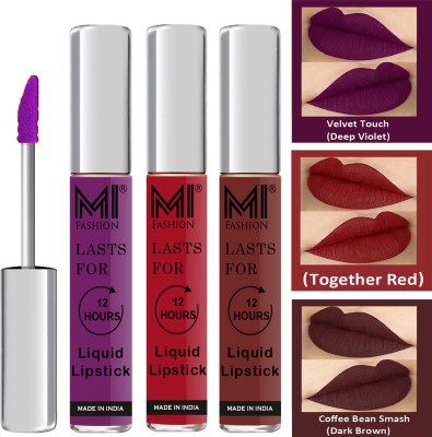 MI FASHION Water Proof Long Lasting Matte Liquid Lipstick Combo Set Vocal Code no 1913(Violet,Red,Coffee, 9 ml)